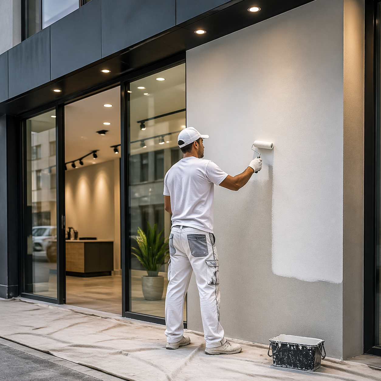 Profissional realizando pintura em ambiente comercial