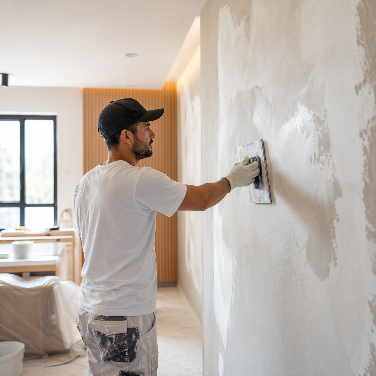 Profissional executando etapa de reforma e preparação de parede